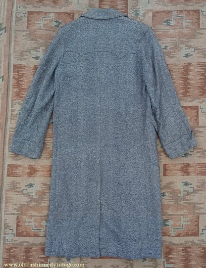 Vintage Mens 1940s Double Breasted Overcoat Coat Black White Grey Donegal Tweed Wool 38" Extra Long