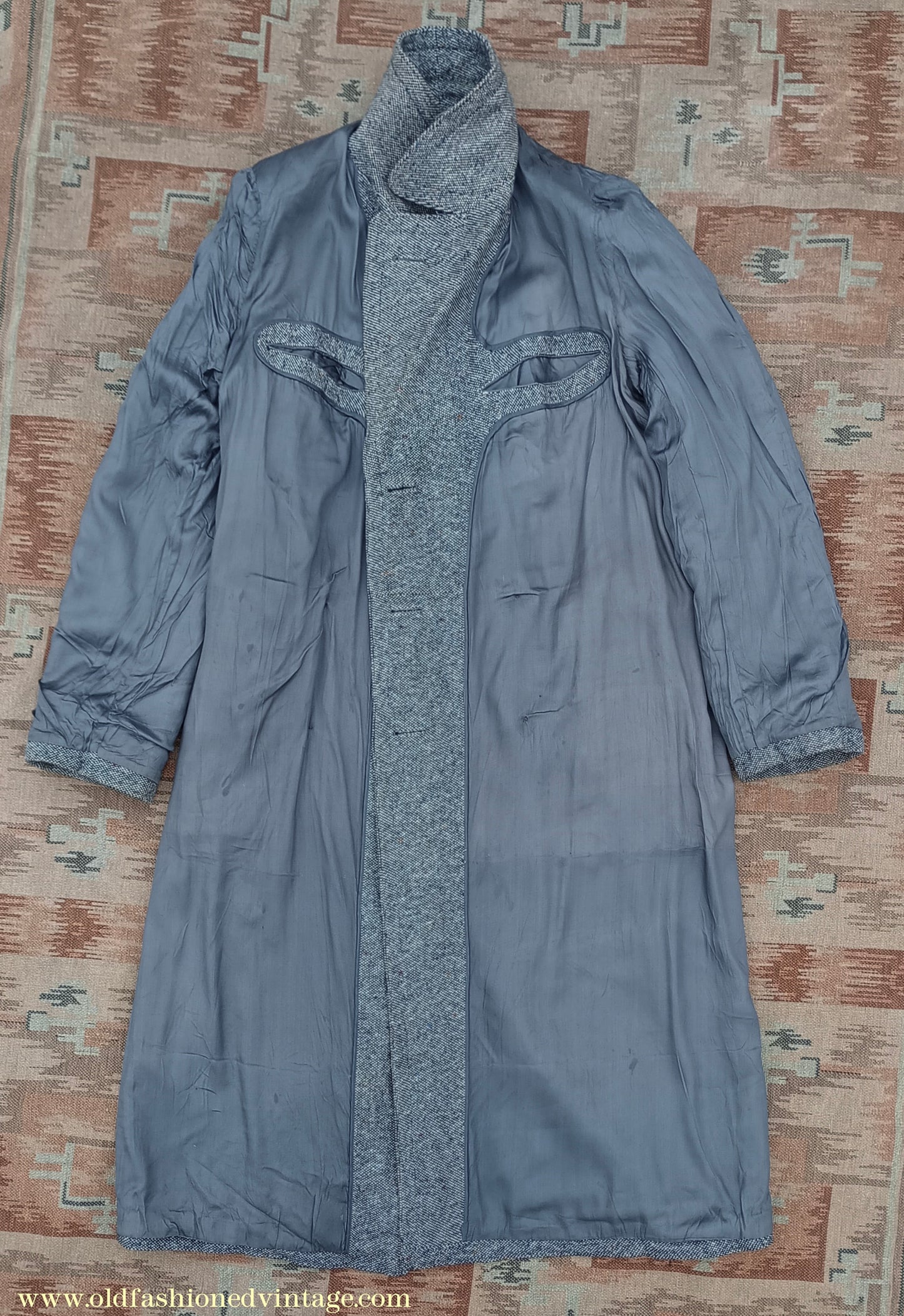 Vintage Mens 1940s Double Breasted Overcoat Coat Black White Grey Donegal Tweed Wool 38" Extra Long