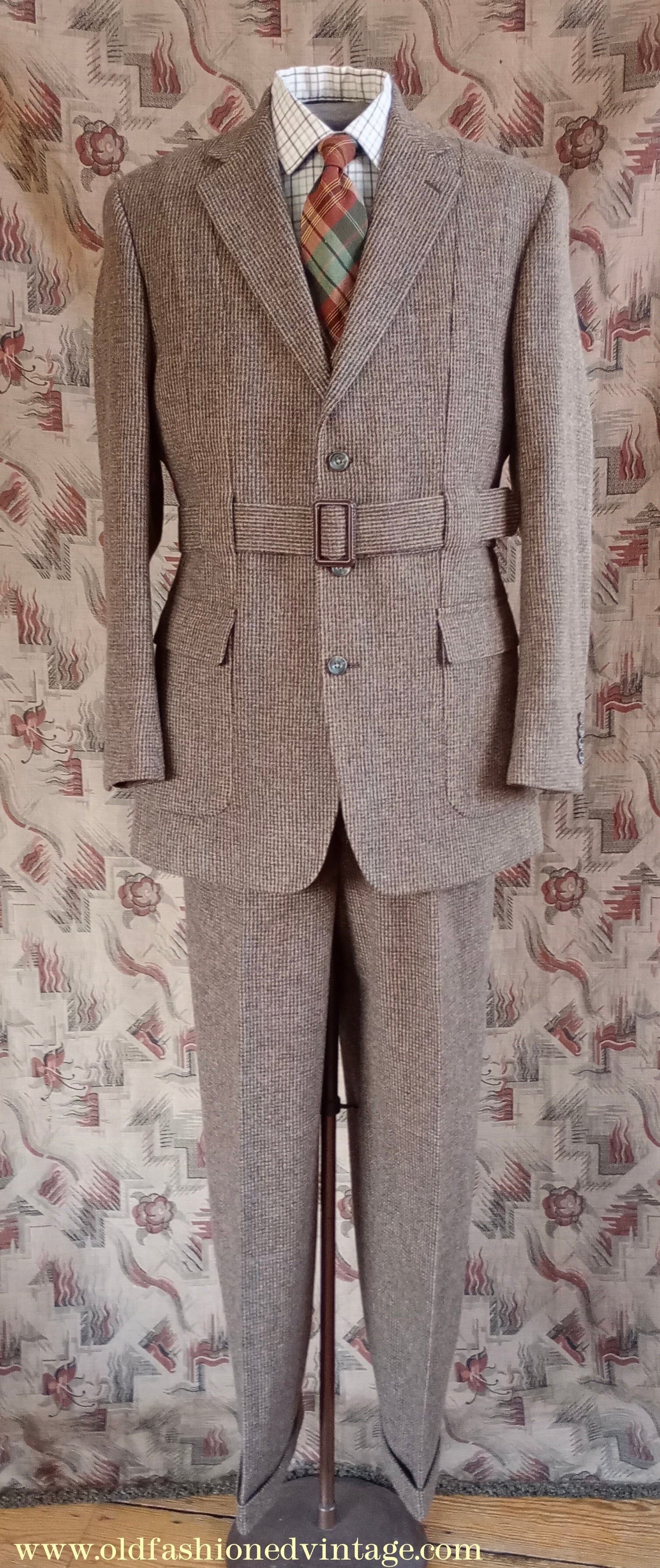 Mens Oliver Brown Norfolk Tweed Country Suit 4 Piece Brown Check Wool Belted Jacket 44"