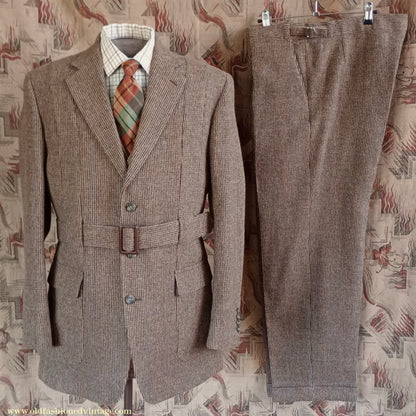 Mens Oliver Brown Norfolk Tweed Country Suit 4 Piece Brown Check Wool Belted Jacket 44"