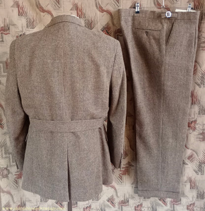 Mens Oliver Brown Norfolk Tweed Country Suit 4 Piece Brown Check Wool Belted Jacket 44"