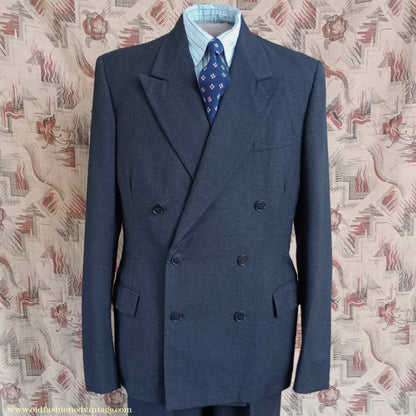 Vintage Mens 1950s Burtons Double Breasted Suit Charcoal Grey Flannel 40" Long