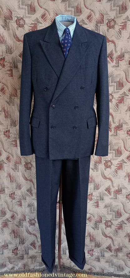 Vintage Mens 1950s Burtons Double Breasted Suit Charcoal Grey Flannel 40" Long