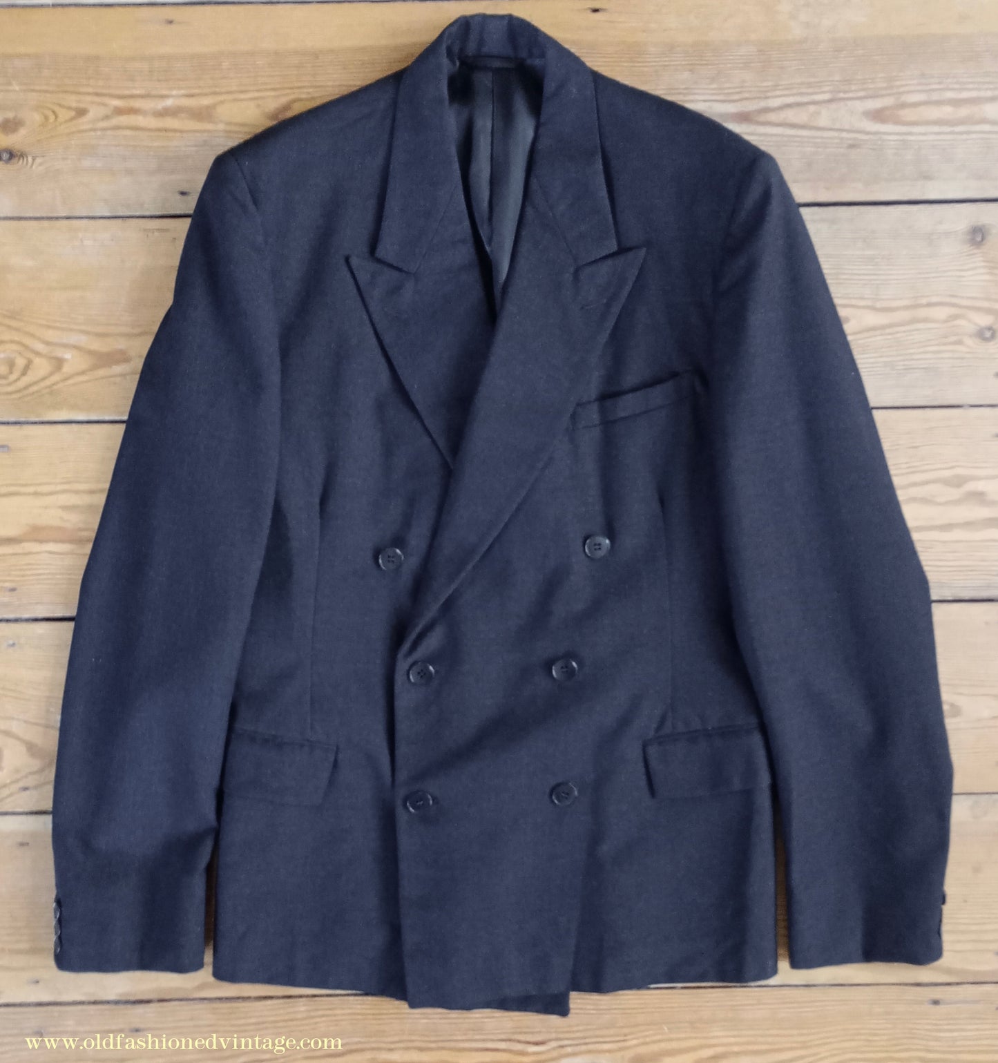 Vintage Mens 1950s Burtons Double Breasted Suit Charcoal Grey Flannel 40" Long