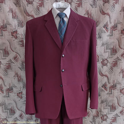 Vintage Mens Bespoke 1960s Suit Burgundy Doeskin Wool 2 Piece Tailored 42"