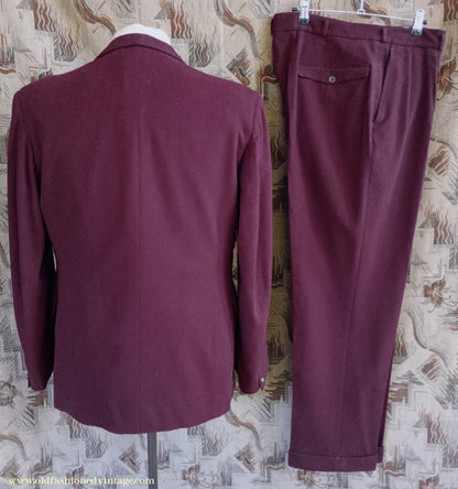 Vintage Mens Bespoke 1960s Suit Burgundy Doeskin Wool 2 Piece Tailored 42"