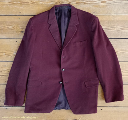 Vintage Mens Bespoke 1960s Suit Burgundy Doeskin Wool 2 Piece Tailored 42"