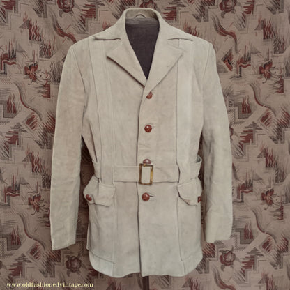 Vintage Mens 1960s 1970s Suede Norfolk Jacket Country Belted Custom Tailored Coat 40" 42"