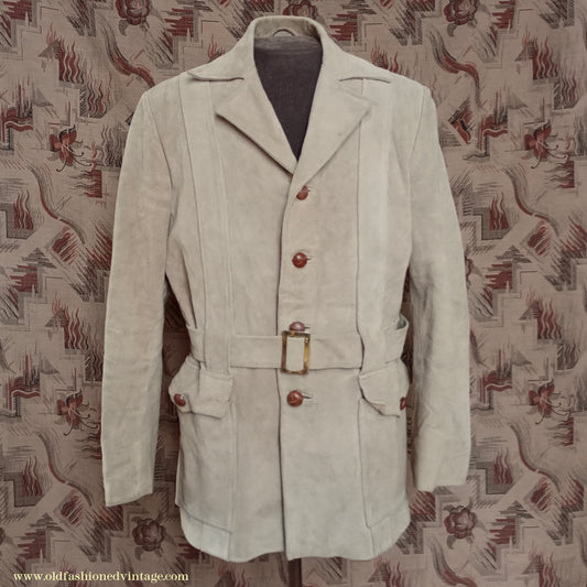 Vintage Mens 1960s 1970s Suede Norfolk Jacket Country Belted Custom Tailored Coat 40" 42"