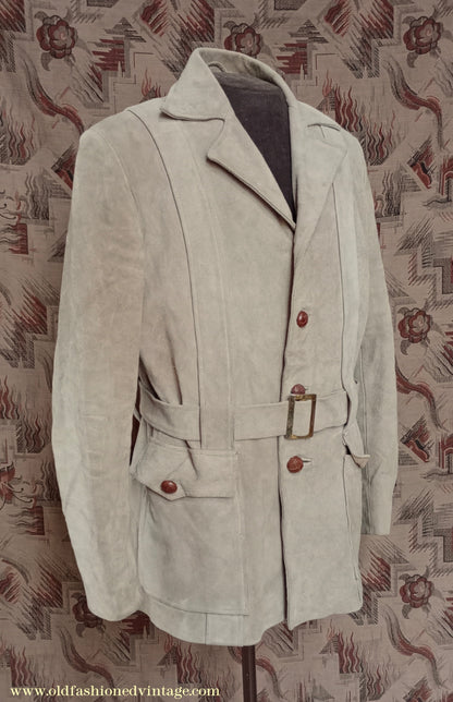 Vintage Mens 1960s 1970s Suede Norfolk Jacket Country Belted Custom Tailored Coat 40" 42"