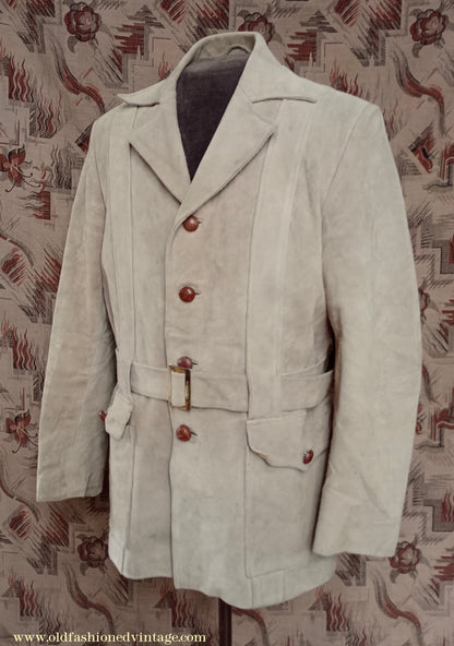 Vintage Mens 1960s 1970s Suede Norfolk Jacket Country Belted Custom Tailored Coat 40" 42"
