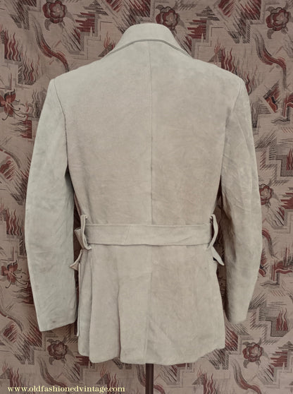 Vintage Mens 1960s 1970s Suede Norfolk Jacket Country Belted Custom Tailored Coat 40" 42"