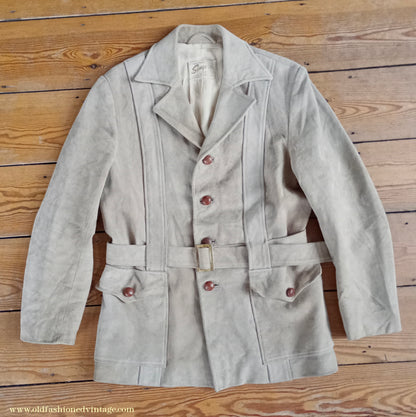 Vintage Mens 1960s 1970s Suede Norfolk Jacket Country Belted Custom Tailored Coat 40" 42"