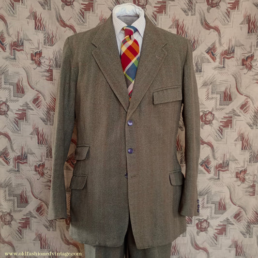 Vintage Mens 1950s Country Tweed Suit Olive Green Orange Windowpane Check 42" Extra Long