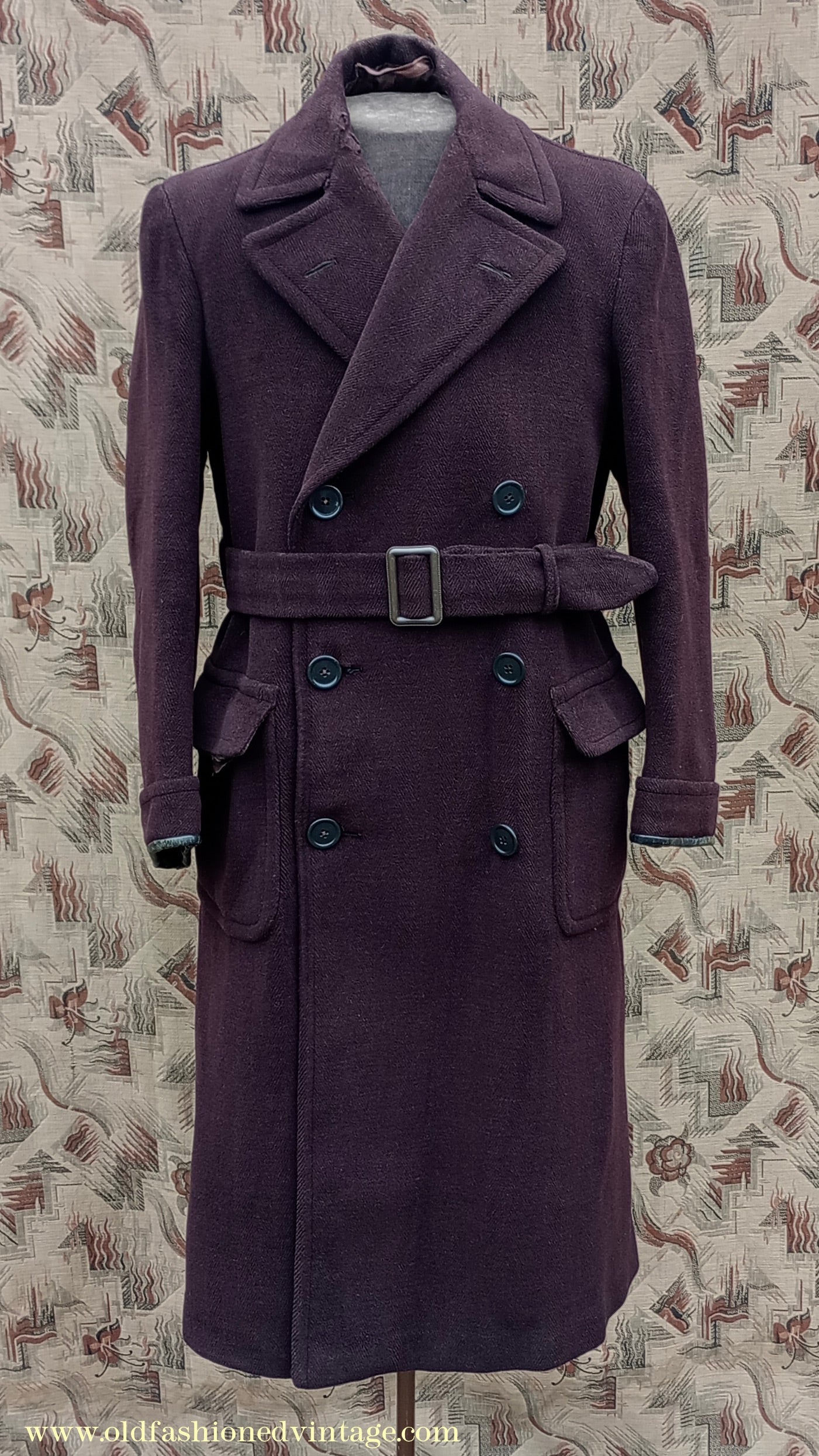 Vintage 1940s Mens Double Breasted Overcoat Coat Brown Herringbone Wool DB Belted 36"