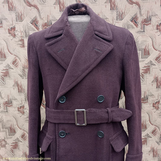 Vintage 1940s Mens Double Breasted Overcoat Coat Brown Herringbone Wool DB Belted 36"