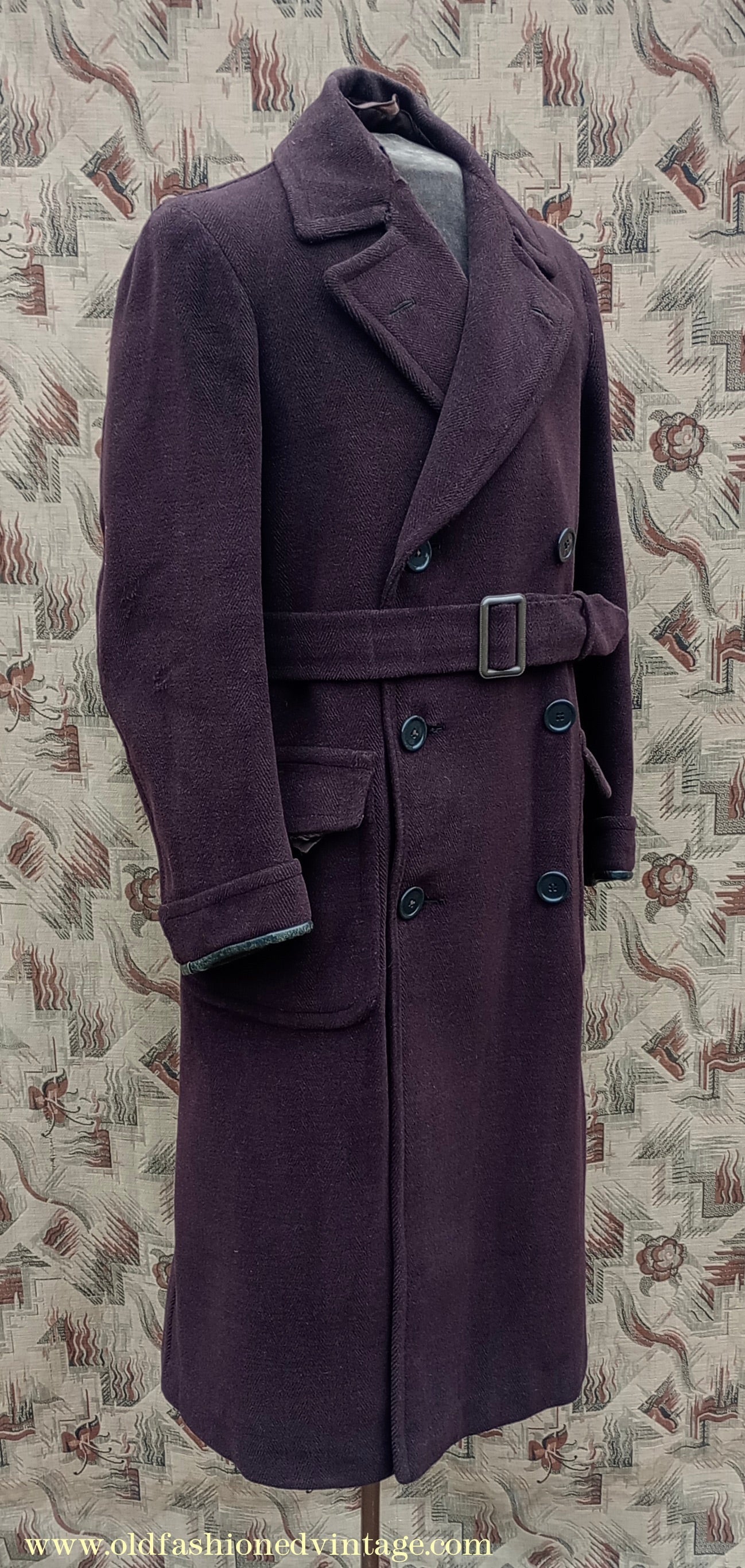 Vintage 1940s Mens Double Breasted Overcoat Coat Brown Herringbone Wool DB Belted 36"