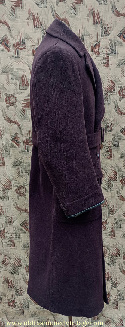 Vintage 1940s Mens Double Breasted Overcoat Coat Brown Herringbone Wool DB Belted 36"