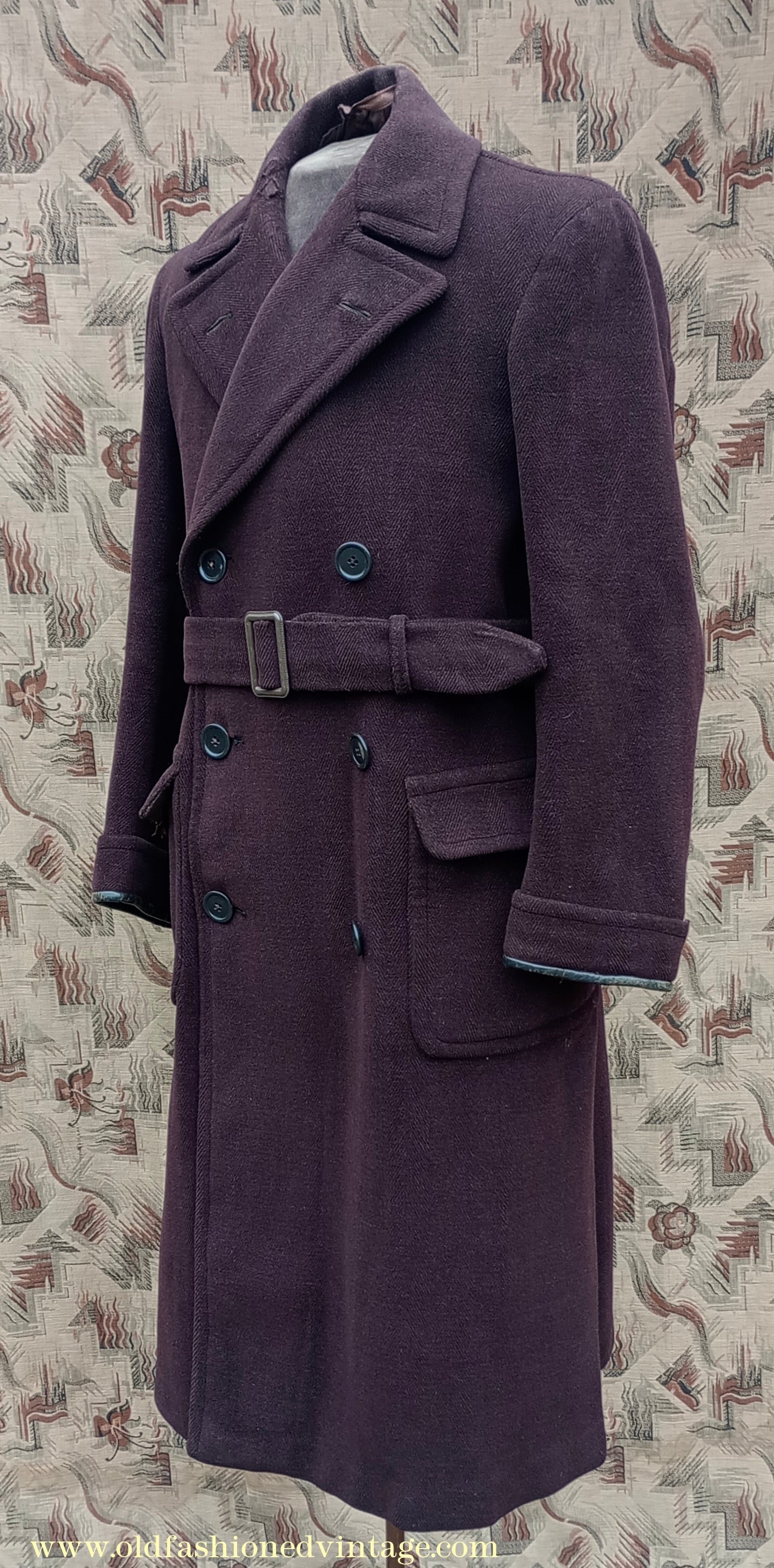 Vintage 1940s Mens Double Breasted Overcoat Coat Brown Herringbone Wool DB Belted 36"