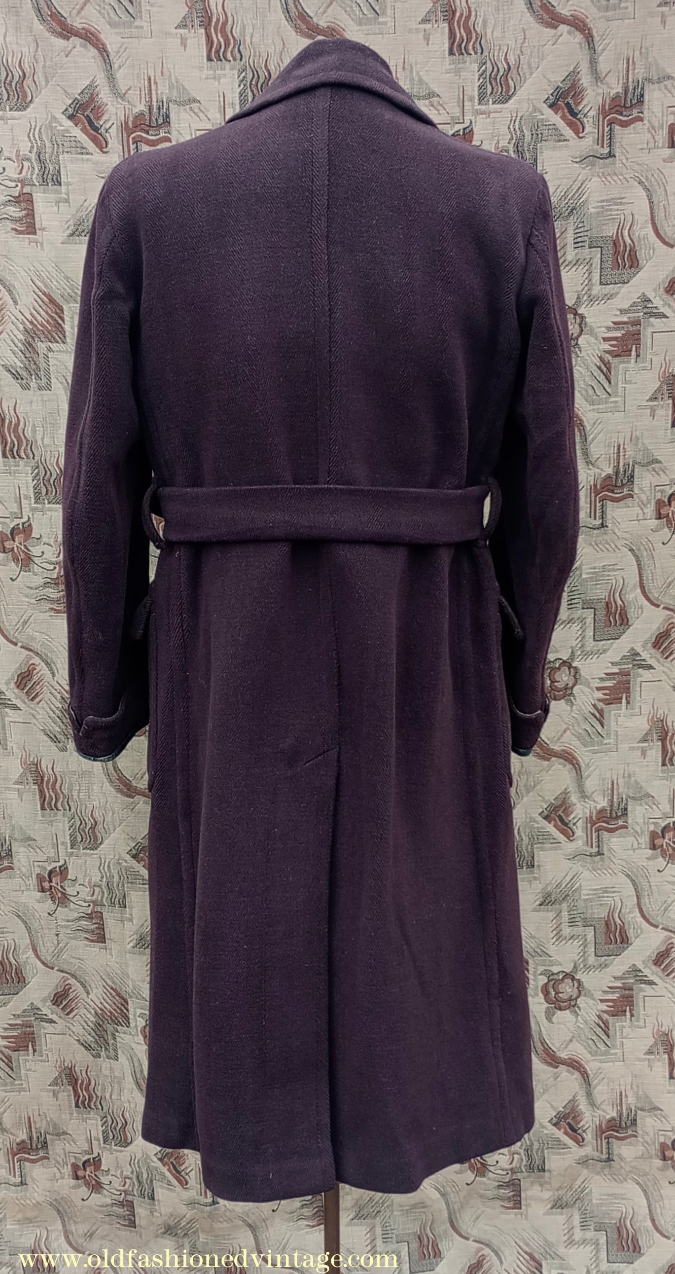 Vintage 1940s Mens Double Breasted Overcoat Coat Brown Herringbone Wool DB Belted 36"