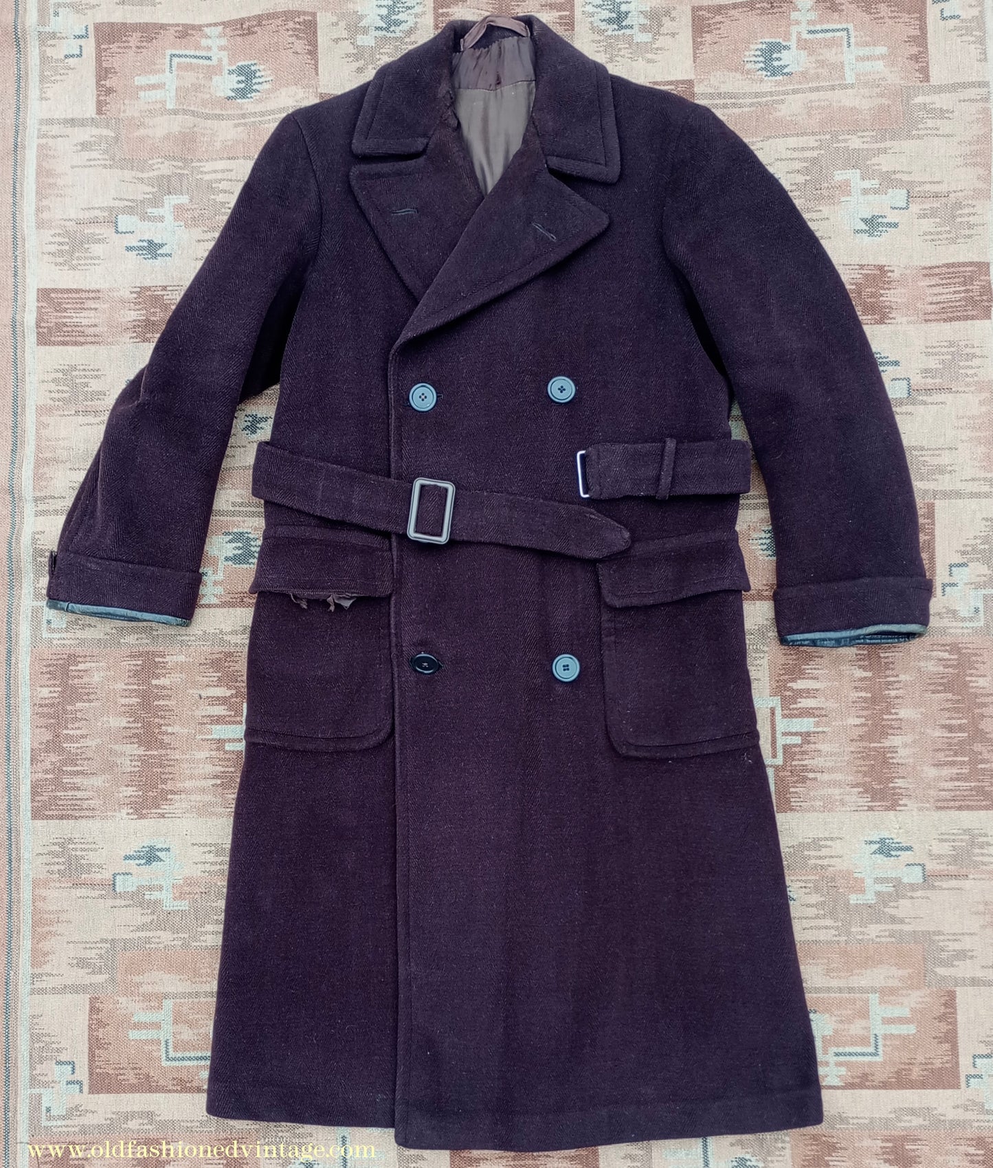 Vintage 1940s Mens Double Breasted Overcoat Coat Brown Herringbone Wool DB Belted 36"