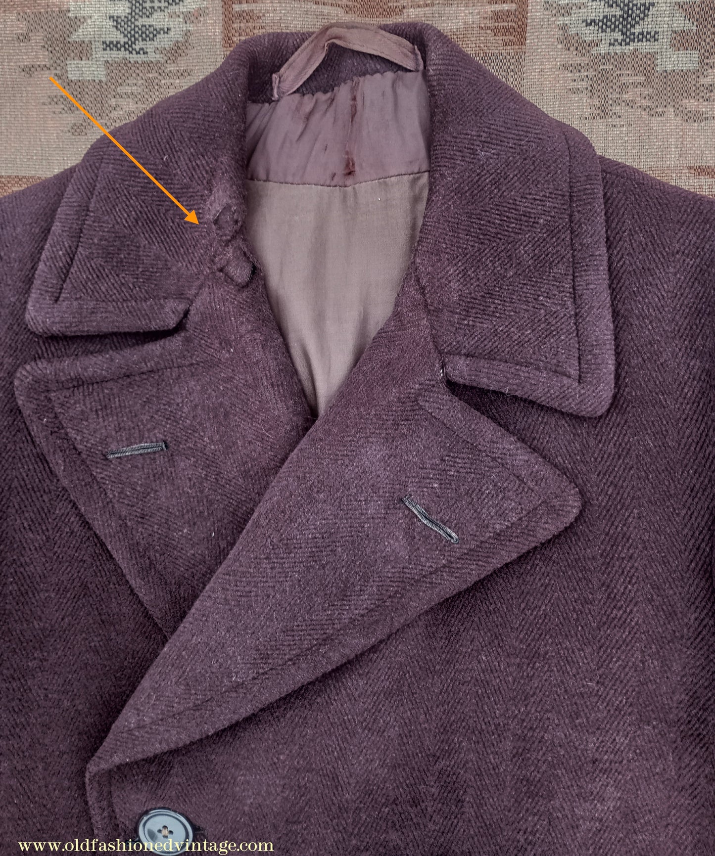 Vintage 1940s Mens Double Breasted Overcoat Coat Brown Herringbone Wool DB Belted 36"