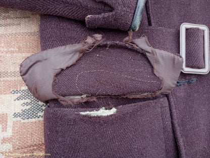Vintage 1940s Mens Double Breasted Overcoat Coat Brown Herringbone Wool DB Belted 36"