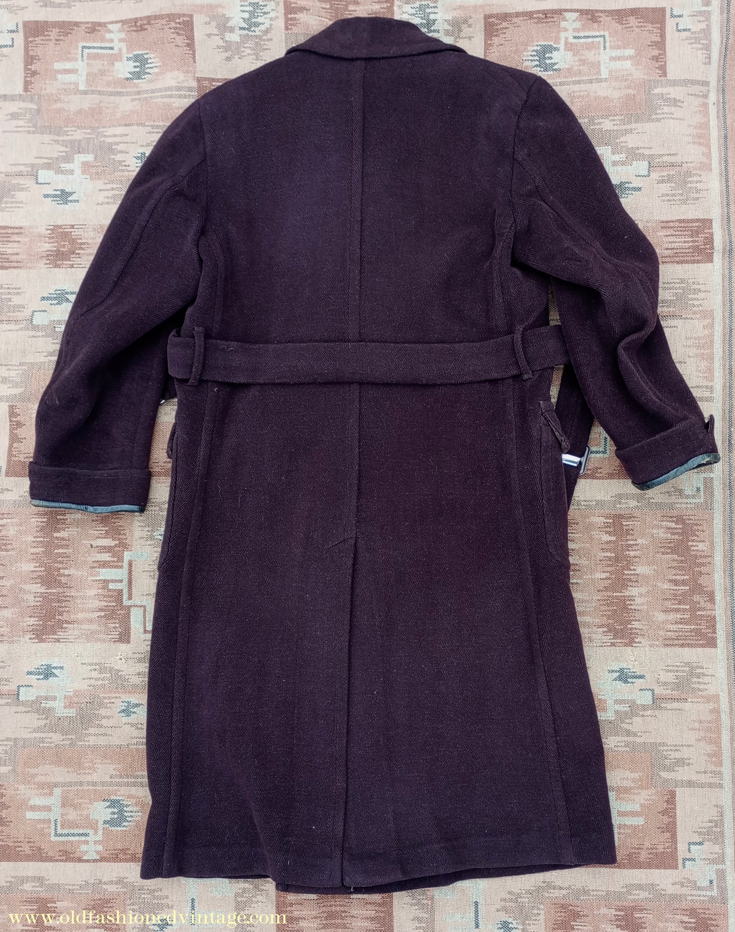 Vintage 1940s Mens Double Breasted Overcoat Coat Brown Herringbone Wool DB Belted 36"
