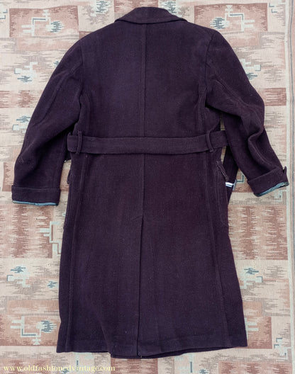 Vintage 1940s Mens Double Breasted Overcoat Coat Brown Herringbone Wool DB Belted 36"