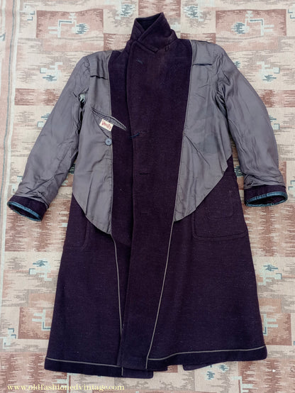 Vintage 1940s Mens Double Breasted Overcoat Coat Brown Herringbone Wool DB Belted 36"