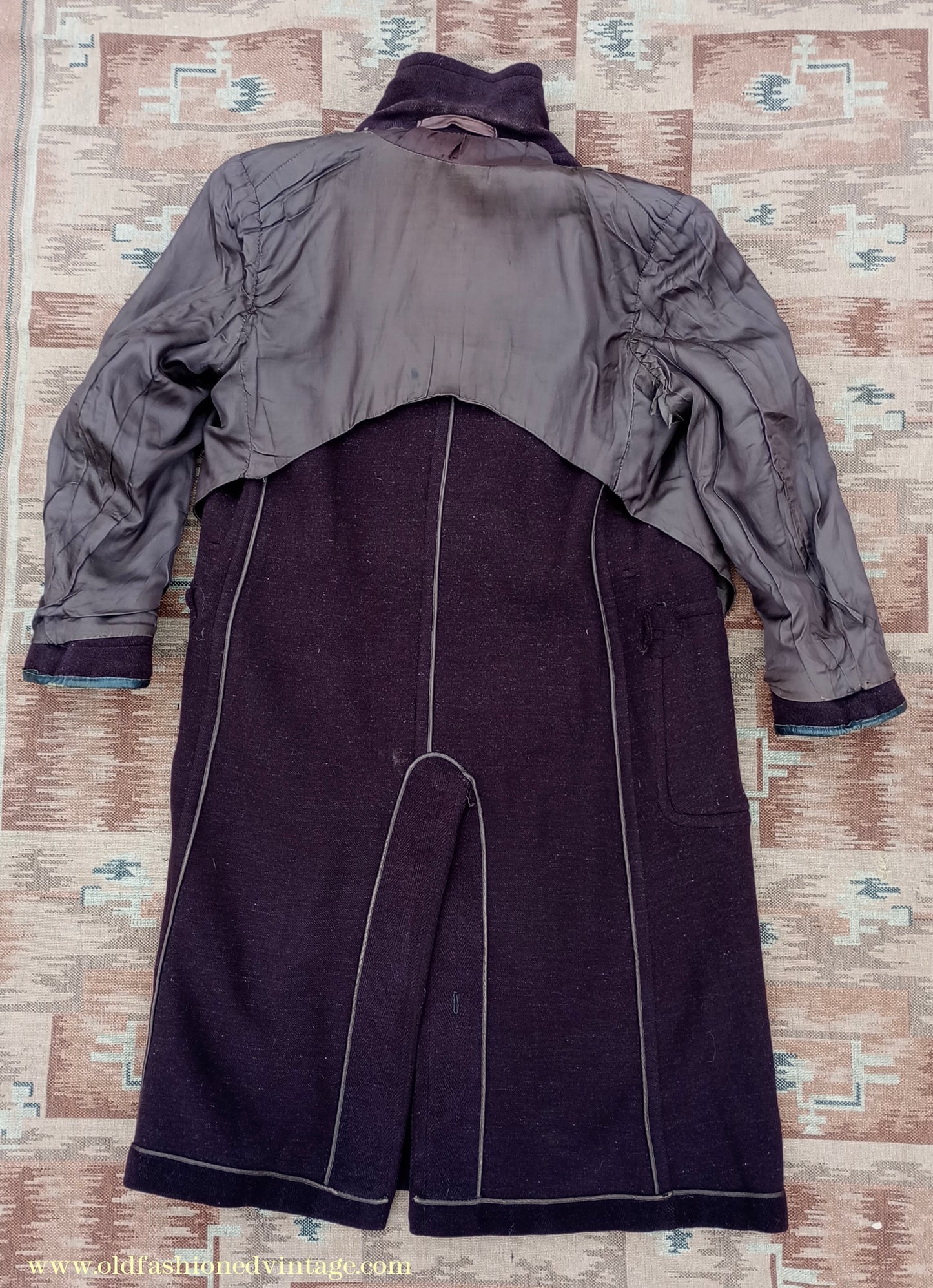 Vintage 1940s Mens Double Breasted Overcoat Coat Brown Herringbone Wool DB Belted 36"