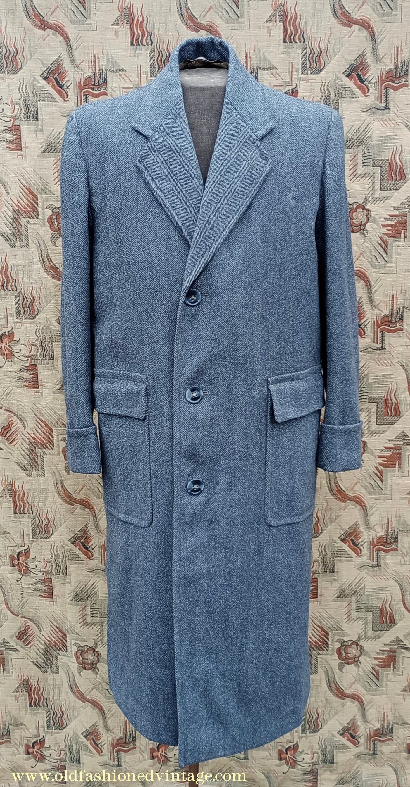 Vintage 1940s Mens Valstar Single Breasted Overcoat Coat Grey Herringbone Tweed 36" 38"