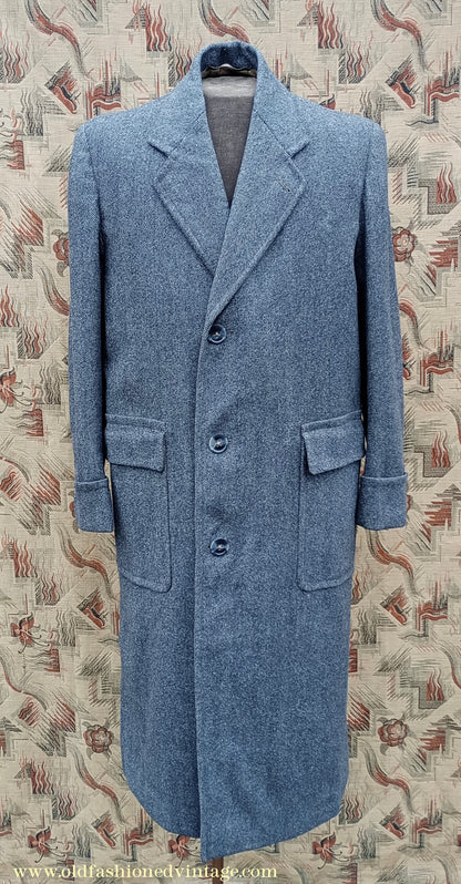 Vintage 1940s Mens Valstar Single Breasted Overcoat Coat Grey Herringbone Tweed 36" 38"