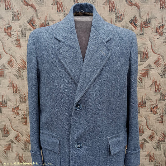 Vintage 1940s Mens Valstar Single Breasted Overcoat Coat Grey Herringbone Tweed 36" 38"