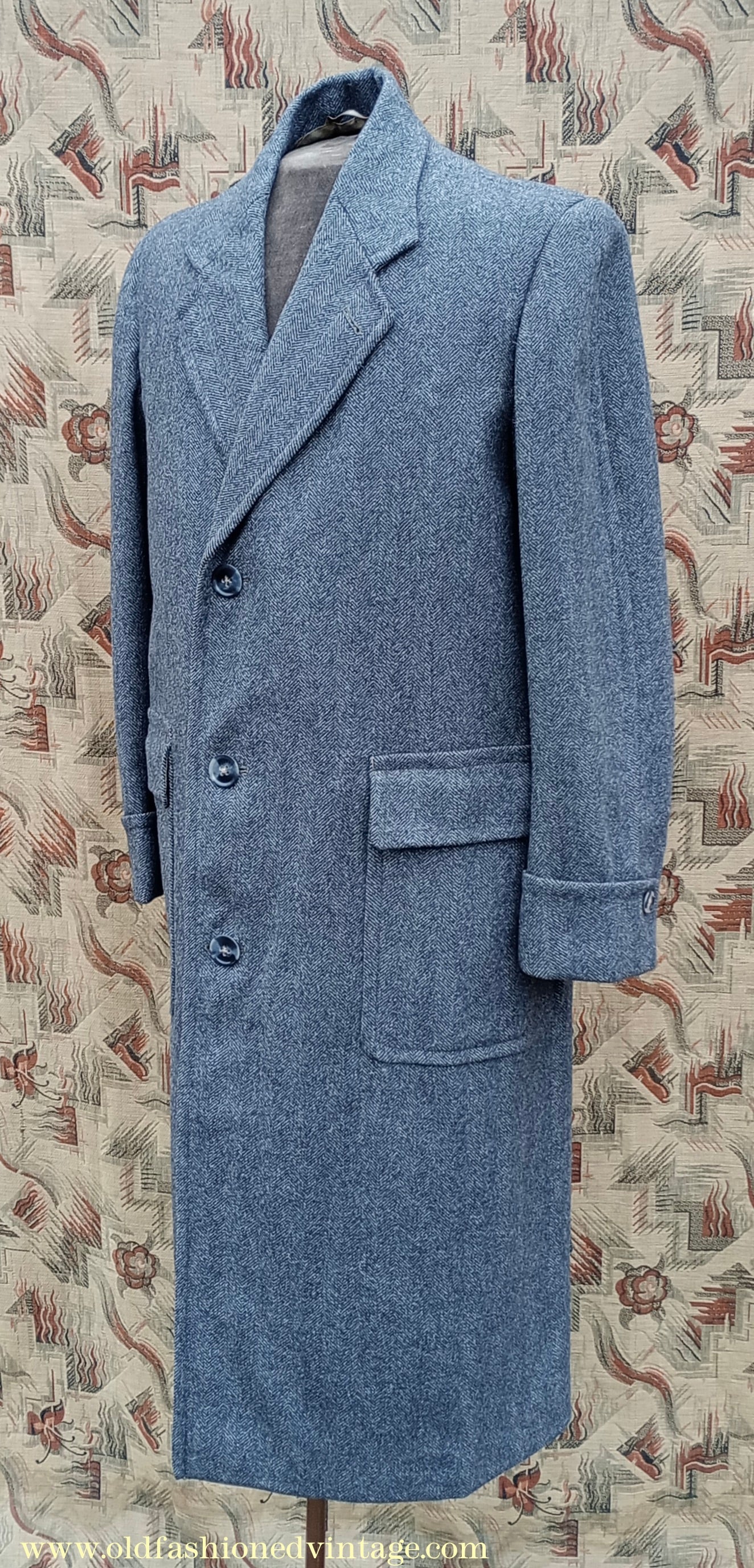 Vintage 1940s Mens Valstar Single Breasted Overcoat Coat Grey Herringbone Tweed 36" 38"