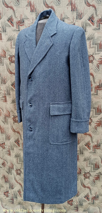 Vintage 1940s Mens Valstar Single Breasted Overcoat Coat Grey Herringbone Tweed 36" 38"