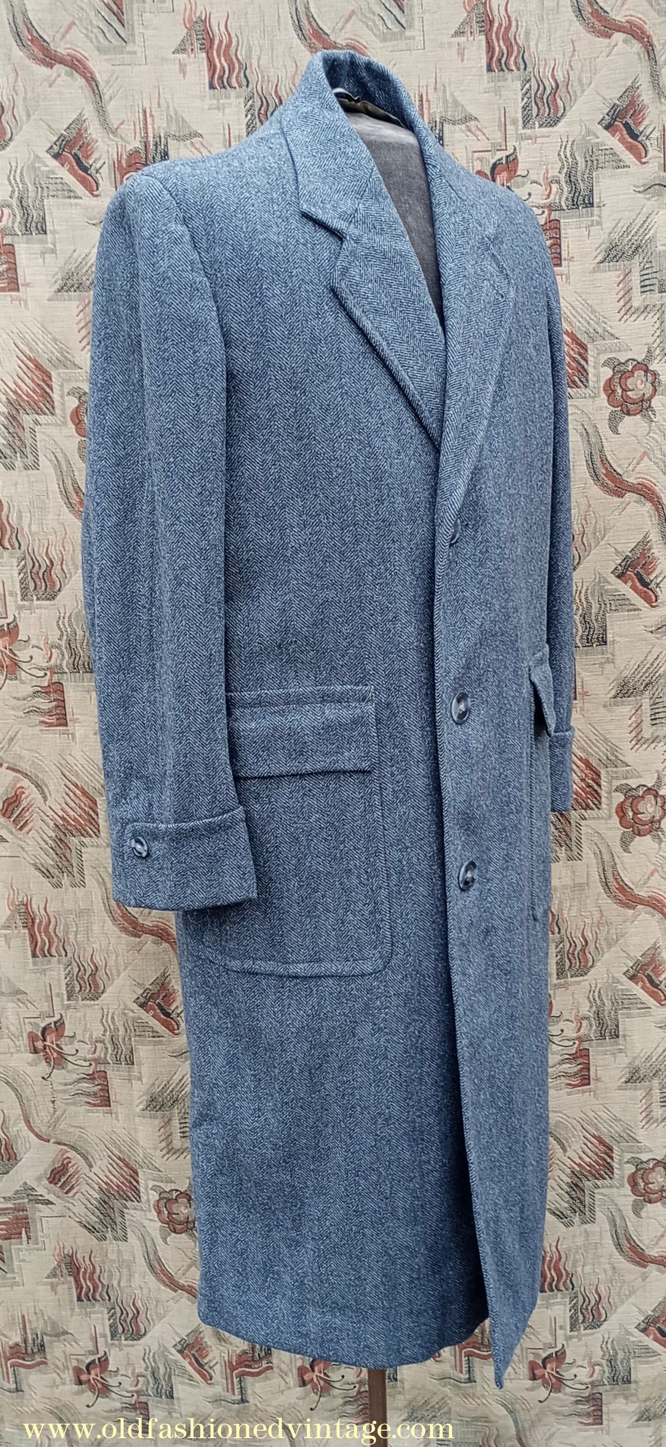 Vintage 1940s Mens Valstar Single Breasted Overcoat Coat Grey Herringbone Tweed 36" 38"