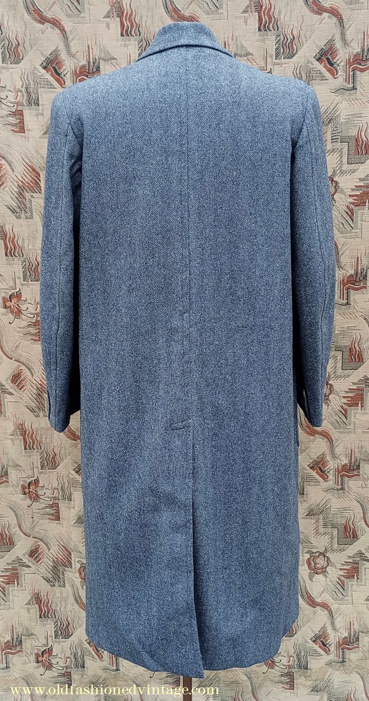Vintage 1940s Mens Valstar Single Breasted Overcoat Coat Grey Herringbone Tweed 36" 38"