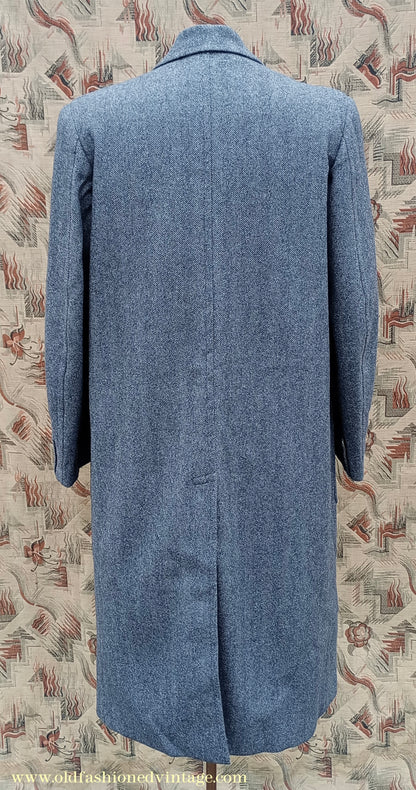 Vintage 1940s Mens Valstar Single Breasted Overcoat Coat Grey Herringbone Tweed 36" 38"