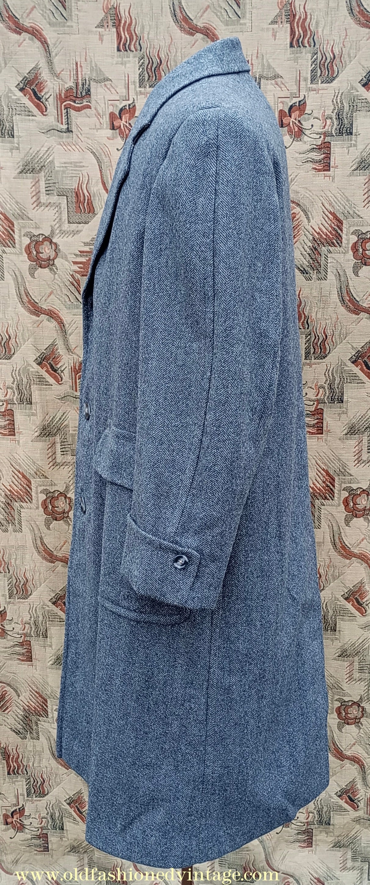Vintage 1940s Mens Valstar Single Breasted Overcoat Coat Grey Herringbone Tweed 36" 38"