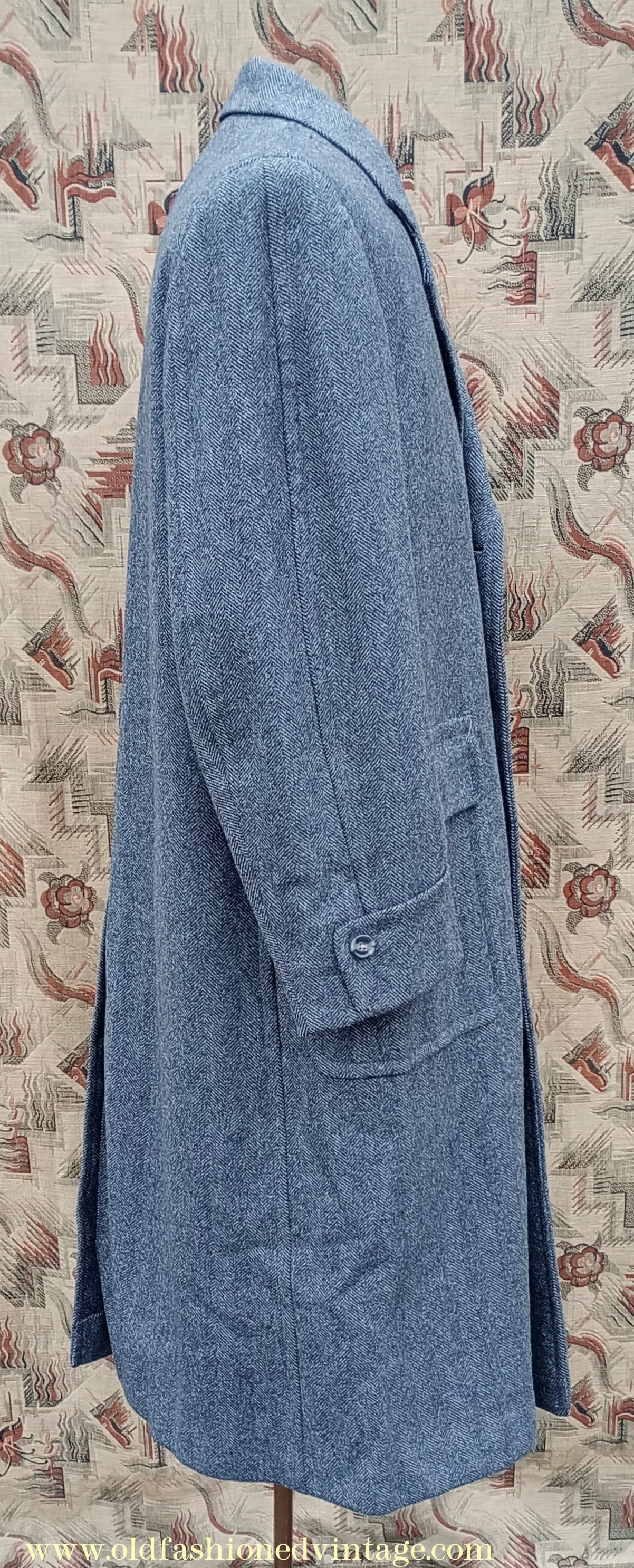 Vintage 1940s Mens Valstar Single Breasted Overcoat Coat Grey Herringbone Tweed 36" 38"