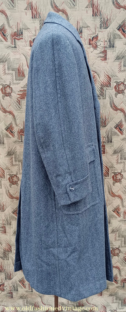 Vintage 1940s Mens Valstar Single Breasted Overcoat Coat Grey Herringbone Tweed 36" 38"