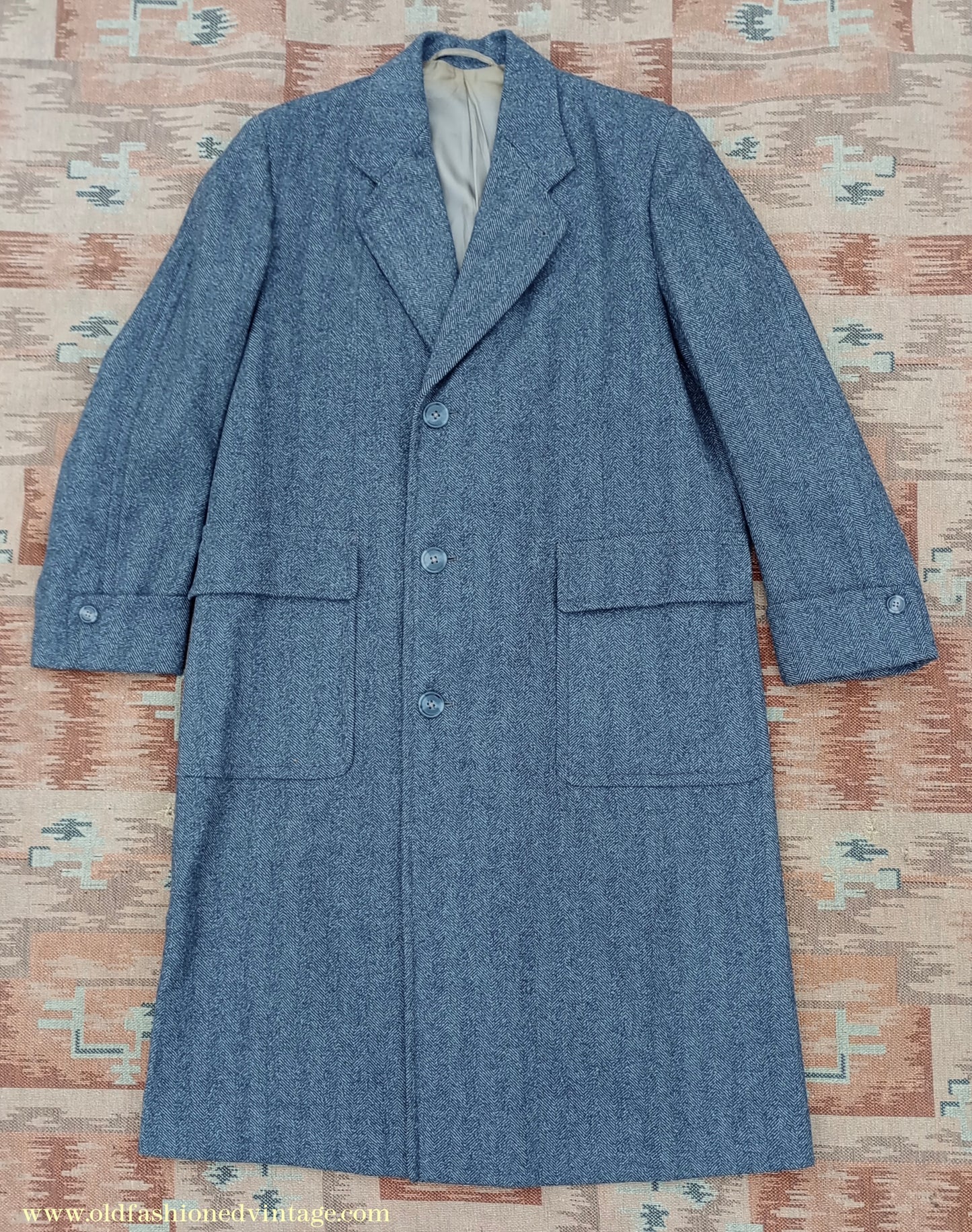 Vintage 1940s Mens Valstar Single Breasted Overcoat Coat Grey Herringbone Tweed 36" 38"