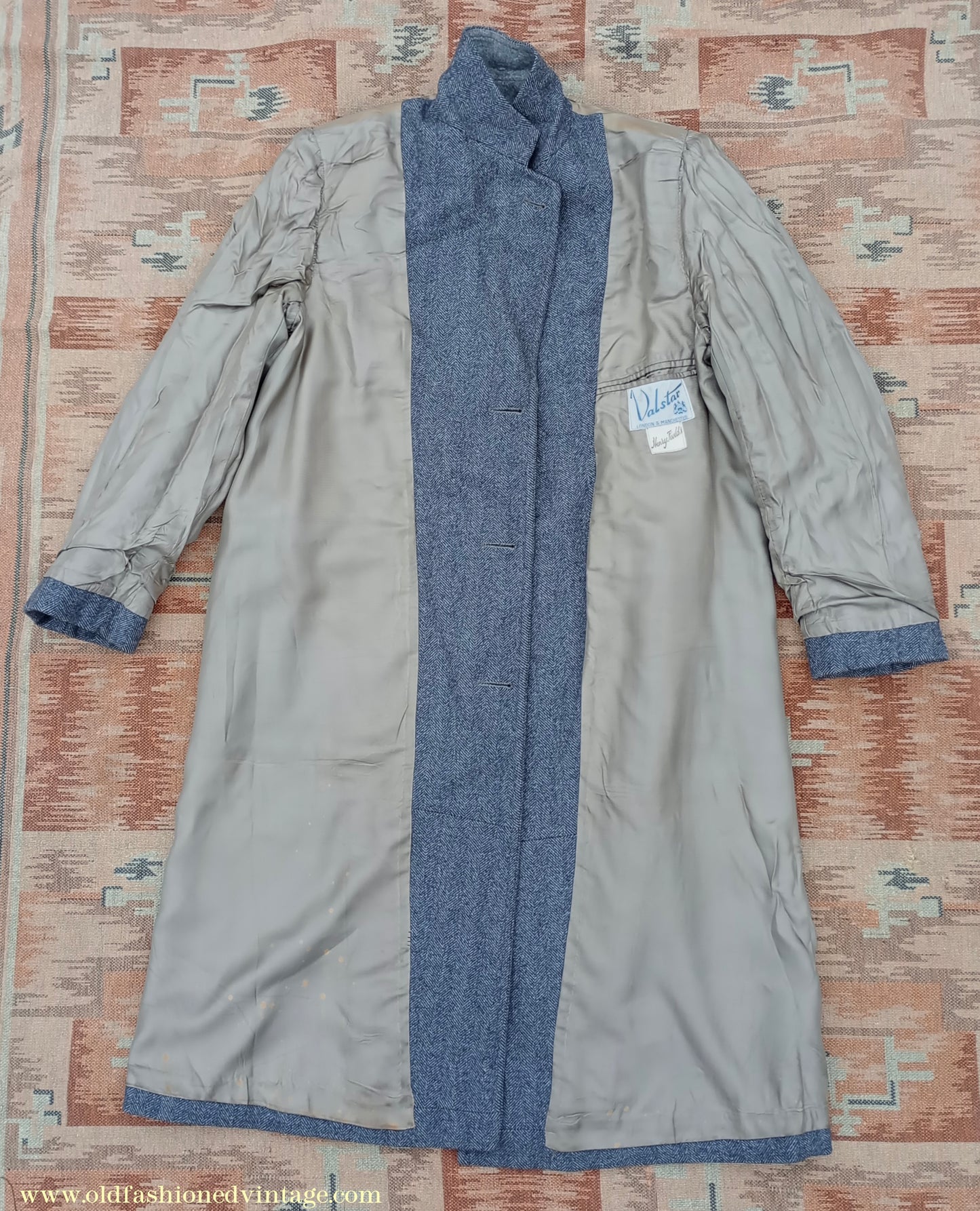 Vintage 1940s Mens Valstar Single Breasted Overcoat Coat Grey Herringbone Tweed 36" 38"