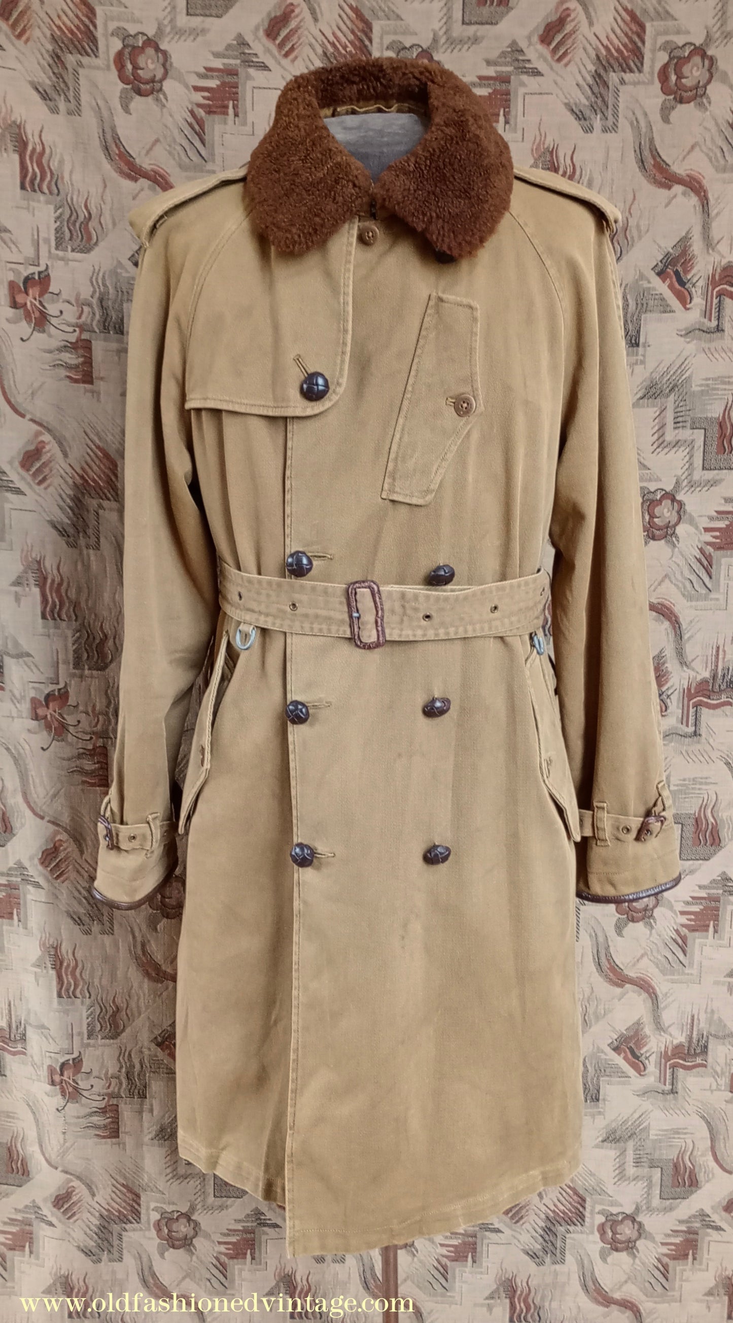 Vintage Mens Polo Ralph Lauren Fur Collar Trench Coat Aviator Motoring WW1 1920s 1930s Style L