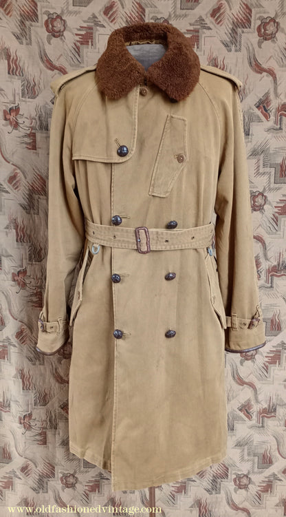 Vintage Mens Polo Ralph Lauren Fur Collar Trench Coat Aviator Motoring WW1 1920s 1930s Style L