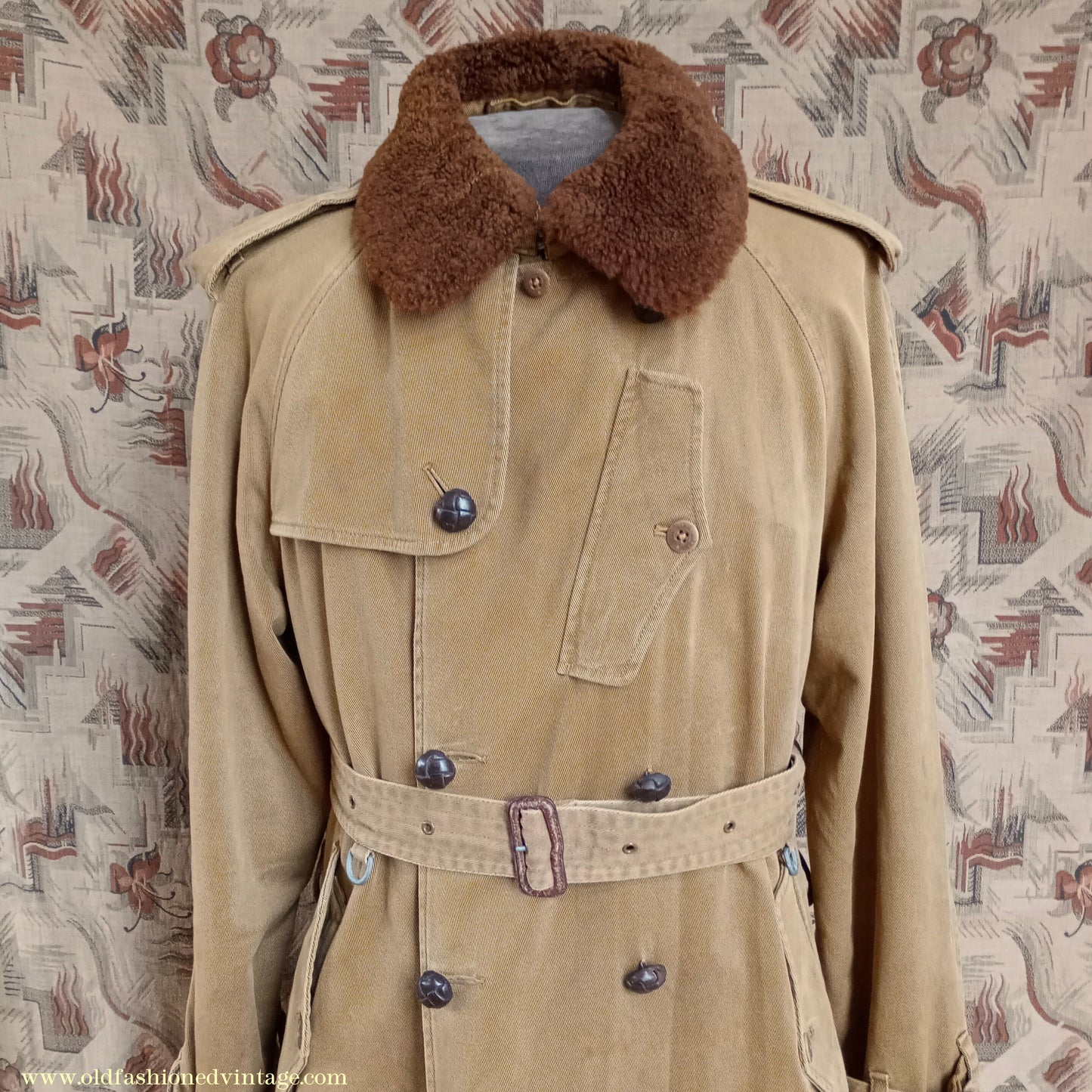 Vintage Mens Polo Ralph Lauren Fur Collar Trench Coat Aviator Motoring WW1 1920s 1930s Style L