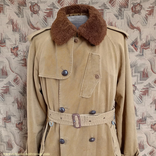 Vintage Mens Polo Ralph Lauren Fur Collar Trench Coat Aviator Motoring WW1 1920s 1930s Style L