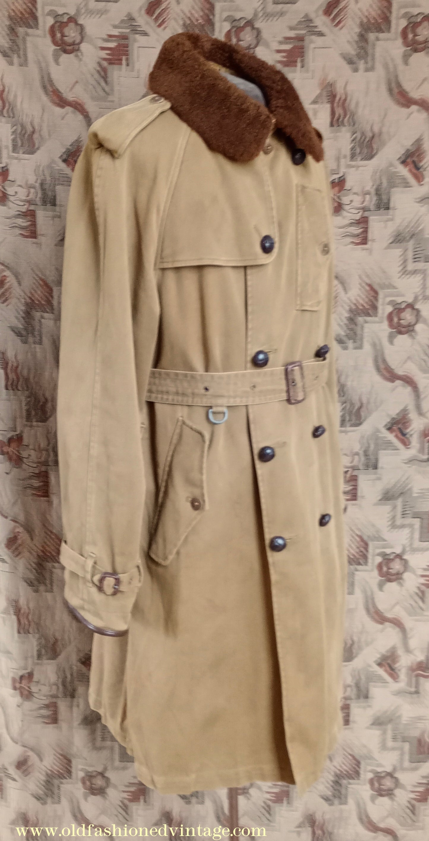 Vintage Mens Polo Ralph Lauren Fur Collar Trench Coat Aviator Motoring WW1 1920s 1930s Style L