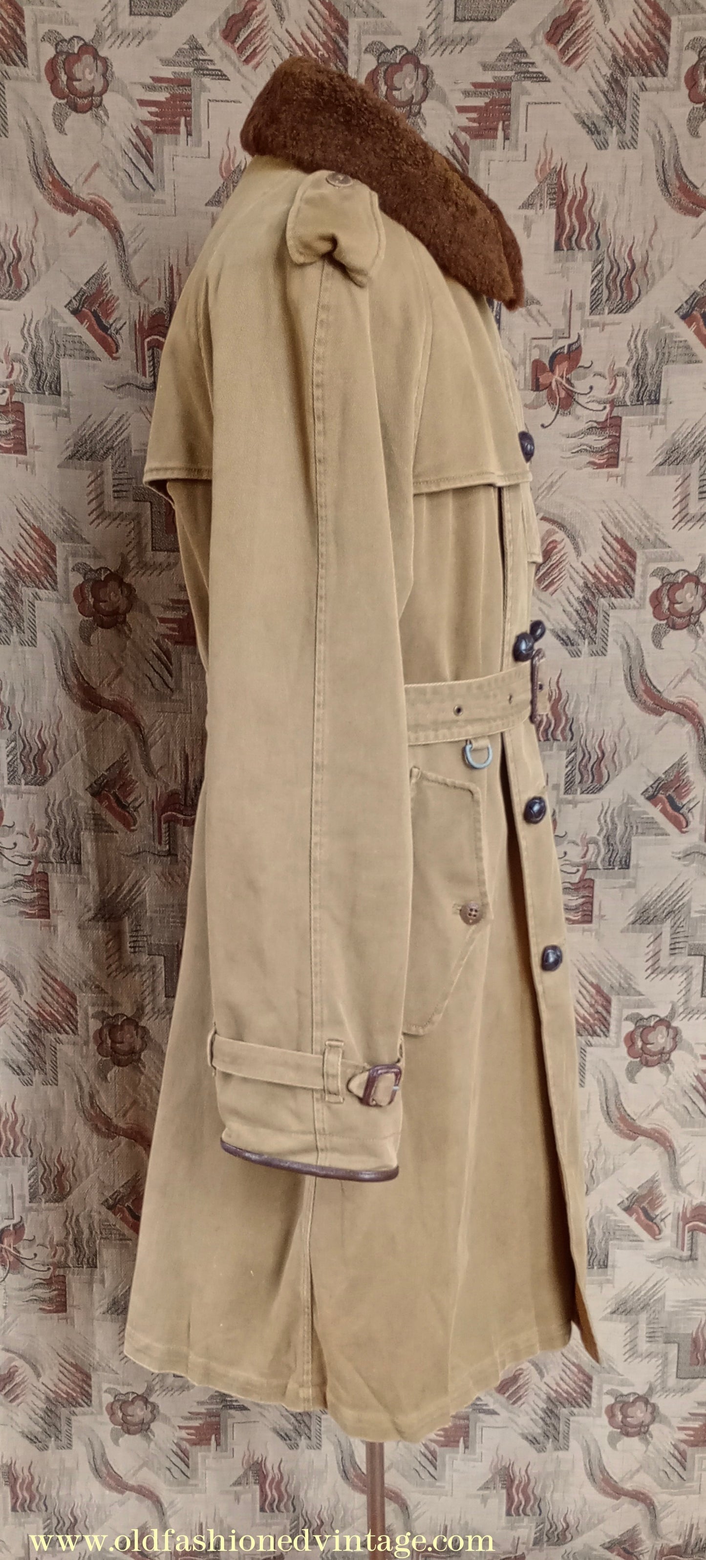 Vintage Mens Polo Ralph Lauren Fur Collar Trench Coat Aviator Motoring WW1 1920s 1930s Style L
